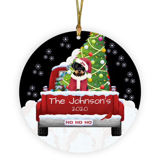 Personalized Travlin' Home for the Holidays Red Truck Rottweiler Dogs Ceramic Round Flat Christmas Tree Ornament RFPOR48165