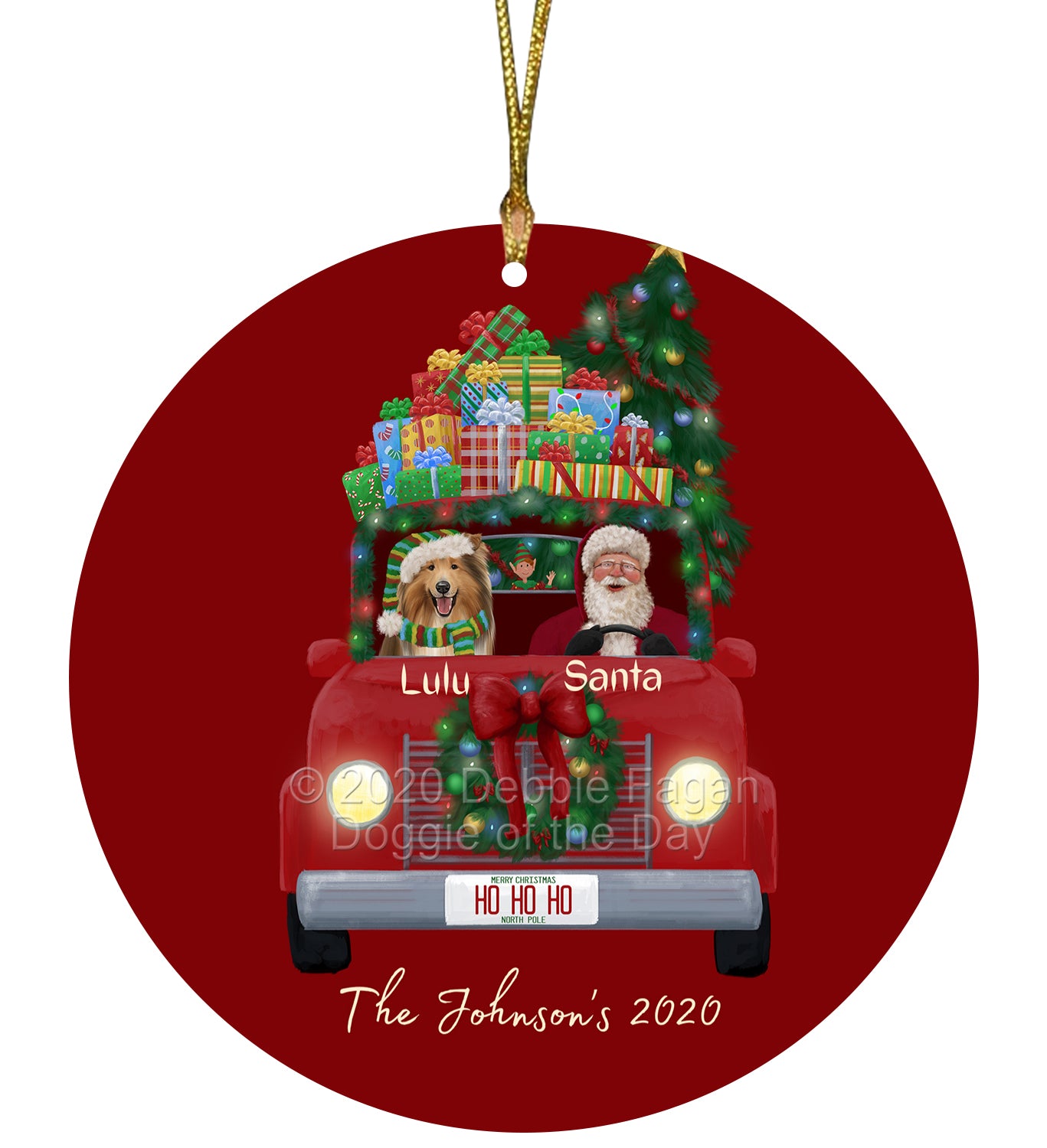 Personalized Red truck Santa with Rough Collie Dog Ceramic Round Flat Christmas Tree Ornament RFPOR48074