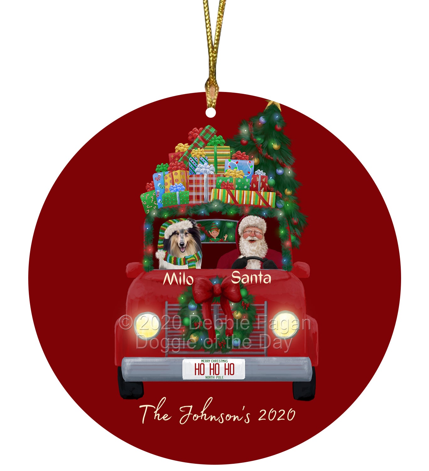 Personalized Red truck Santa with Rough Collie Dog Ceramic Round Flat Christmas Tree Ornament RFPOR48075