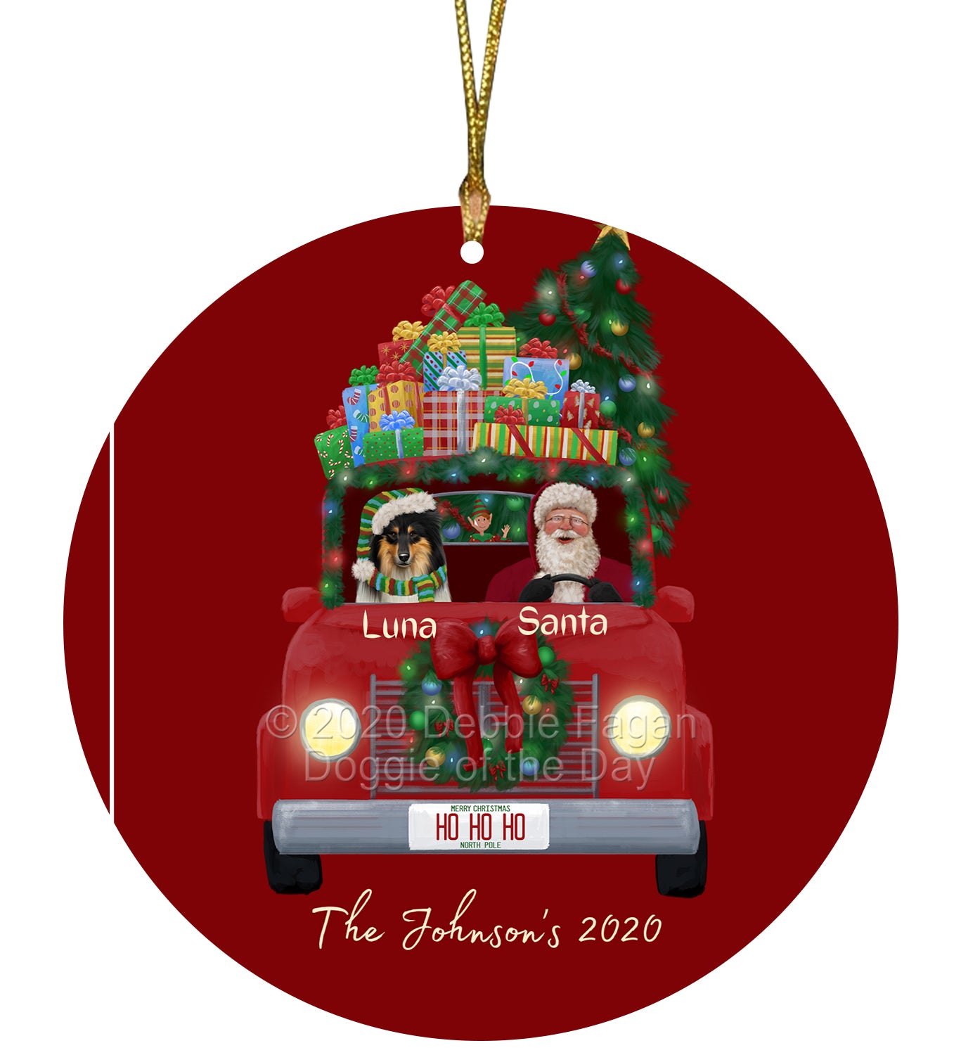 Personalized Red truck Santa with Rough Collie Dog Ceramic Round Flat Christmas Tree Ornament RFPOR48076