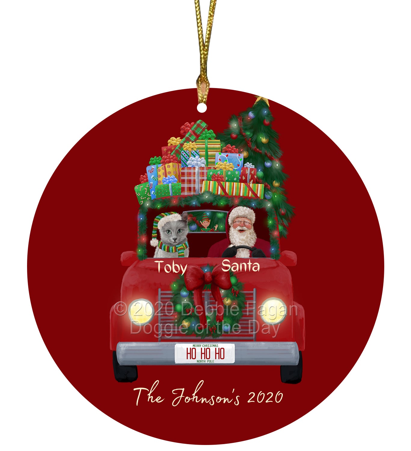 Personalized Red truck Santa with Russian Blue Cat Ceramic Round Flat Christmas Tree Ornament RFPOR48077