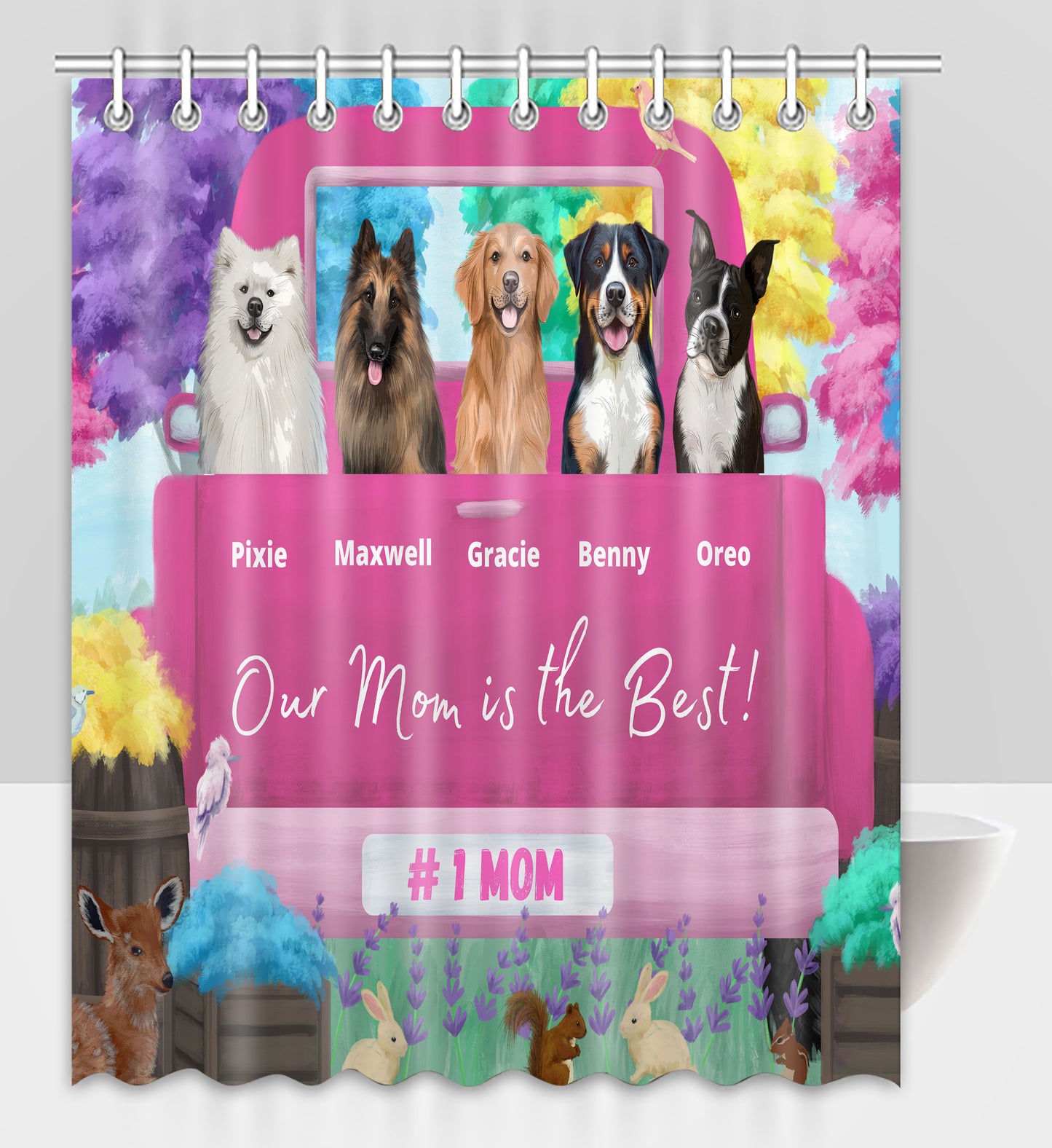 Personalized Our Mom is the Best Pink Truck Dog Cat Pets Shower Curtain 1-5 Pets