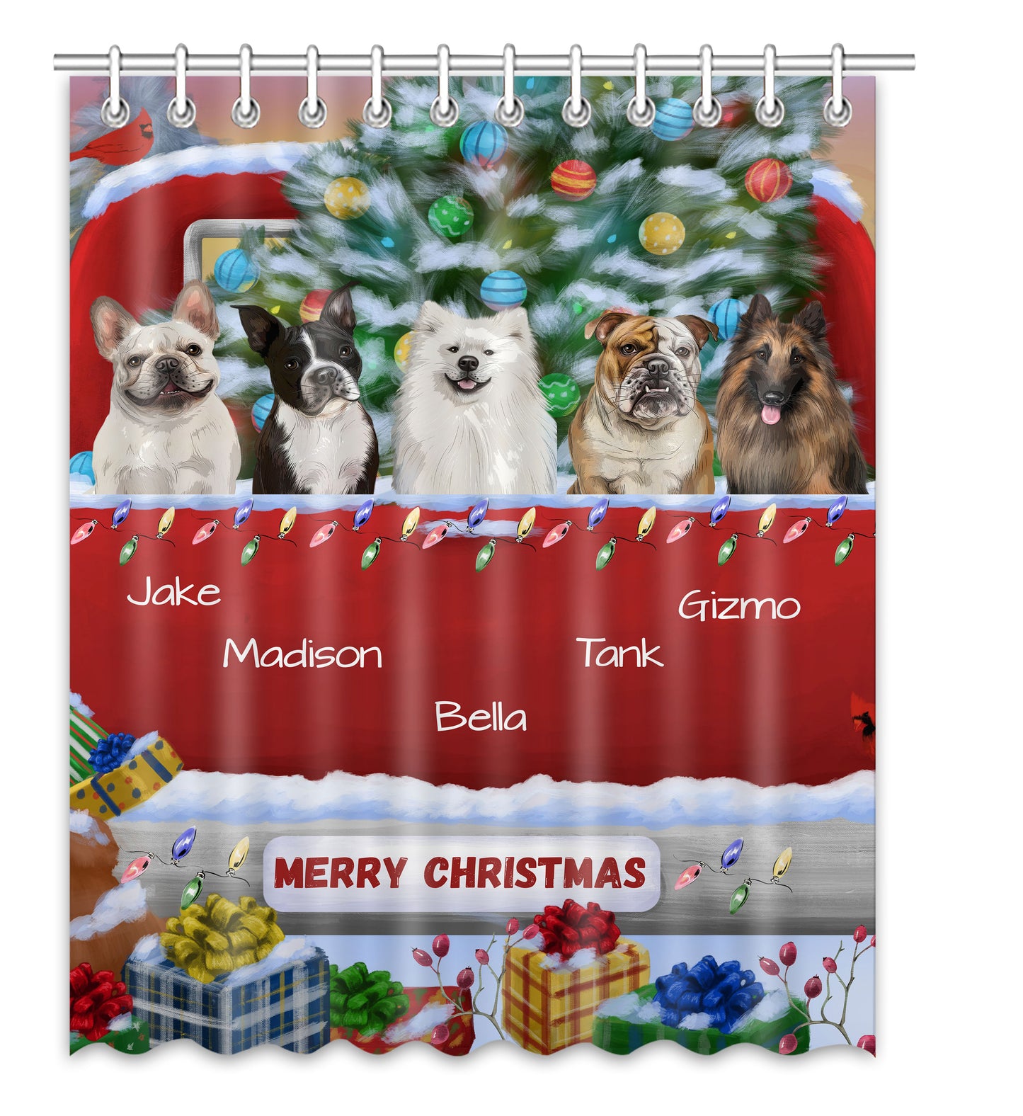 Personalized Merry Christmas Red Truck 1 Dog Cat Pets Shower Curtain 1-5 Pets