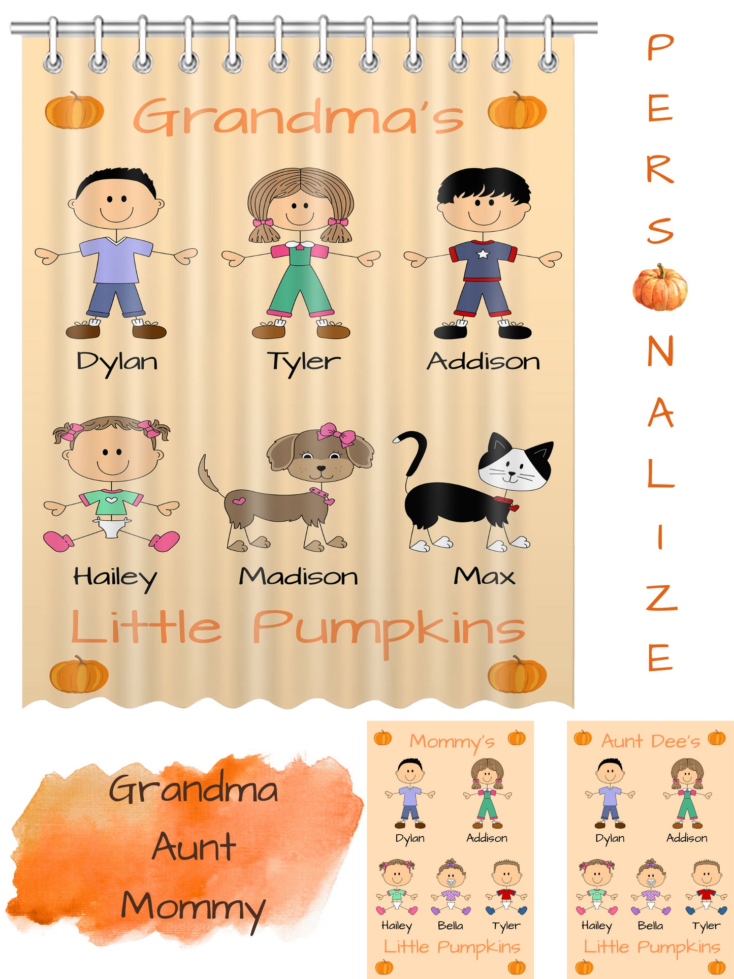 Personalized Dog Cat Pets Grandma, Aunt, Mom, Wife or Sister's Little Pumpkins Shower Curtain