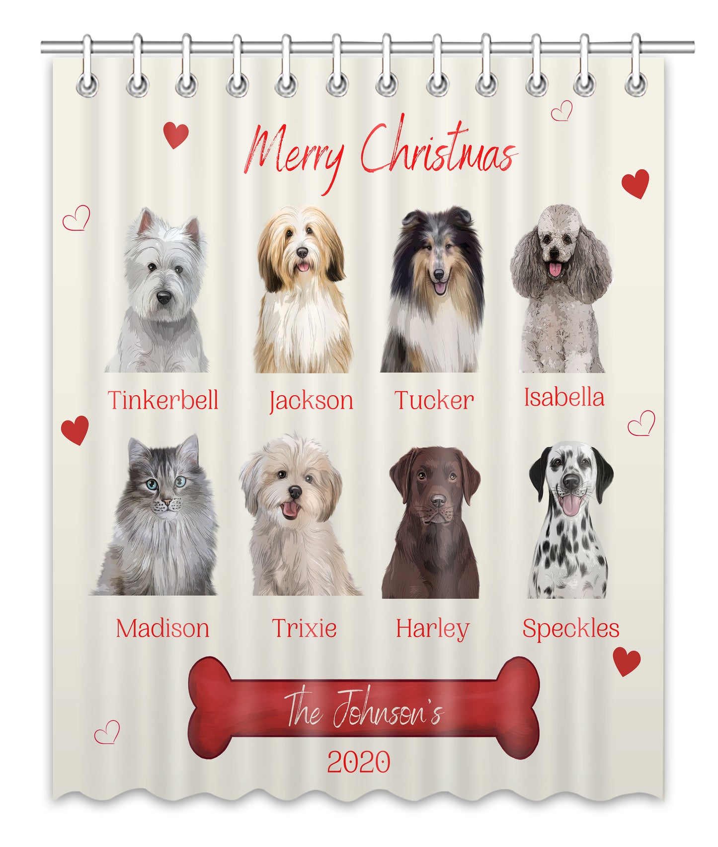 Personalized Merry Christmas Dog Cat Pets Shower Curtain 1-8 Pets