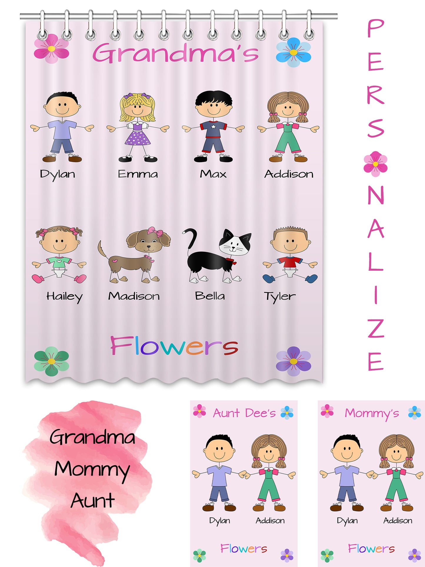 Personalized Dog Cat Pets Grandma, Aunt, Mom, Wife or Sister's Flowers Shower Curtain