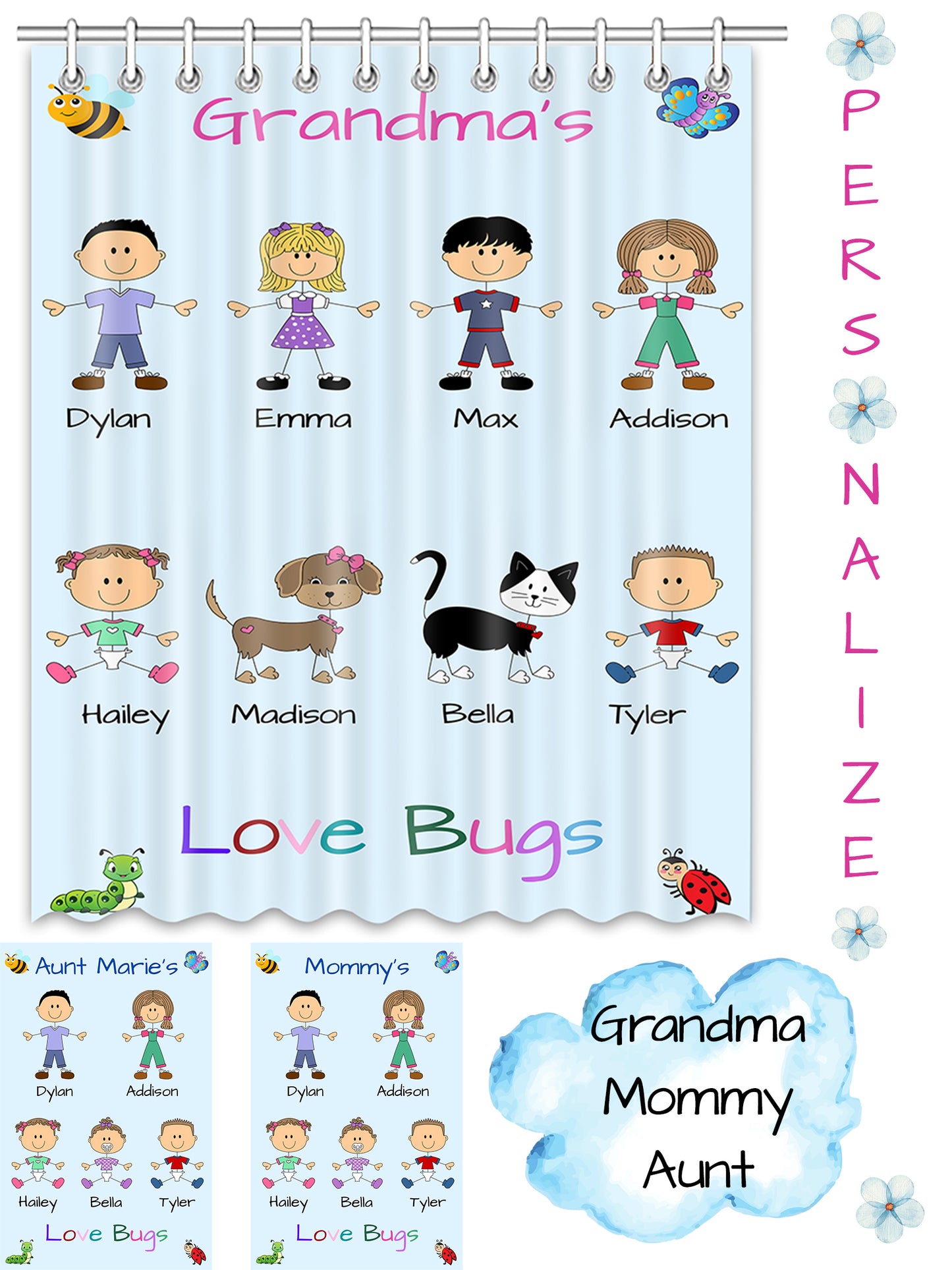 Personalized Dog Cat Pets Grandma, Aunt, Mom, Wife or Sister's Love Bugs Shower Curtain