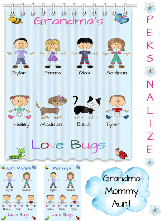Personalized Dog Cat Pets Grandma, Aunt, Mom, Wife or Sister's Love Bugs Shower Curtain
