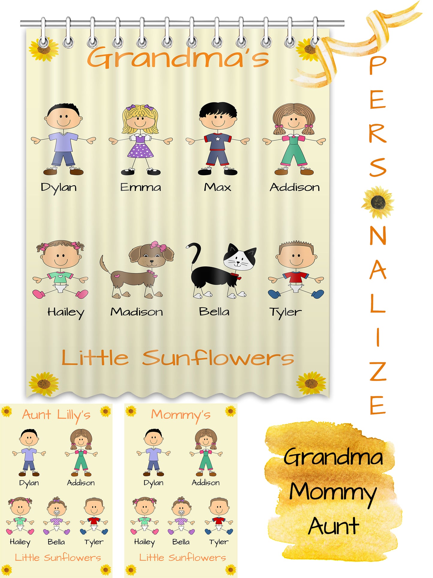 Personalized Dog Cat Pets Grandma, Aunt, Mom, Wife or Sister's Little Sun Flowers Shower Curtain