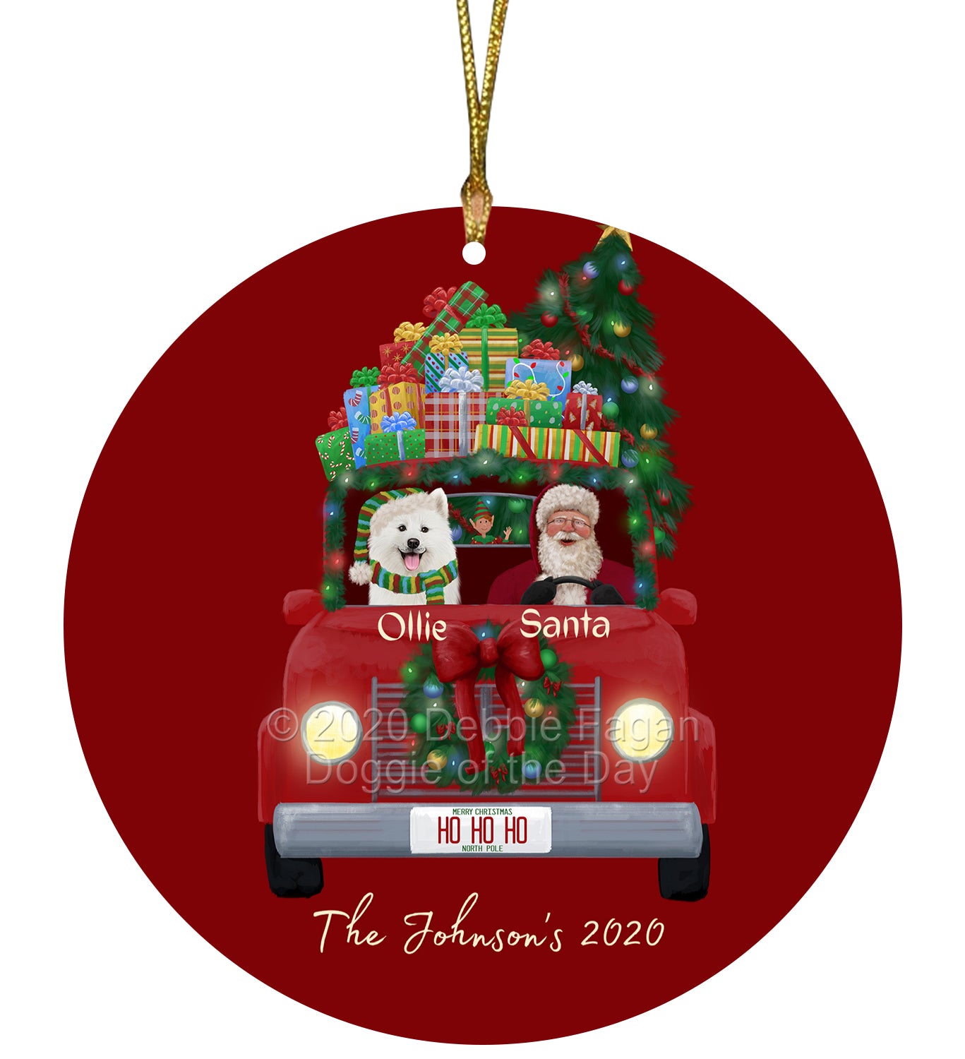 Personalized Red truck Santa with Samoyed Dog Ceramic Round Flat Christmas Tree Ornament RFPOR48078
