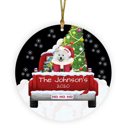 Personalized Travlin' Home for the Holidays Red Truck Samoyed Dogs Ceramic Round Flat Christmas Tree Ornament RFPOR48168