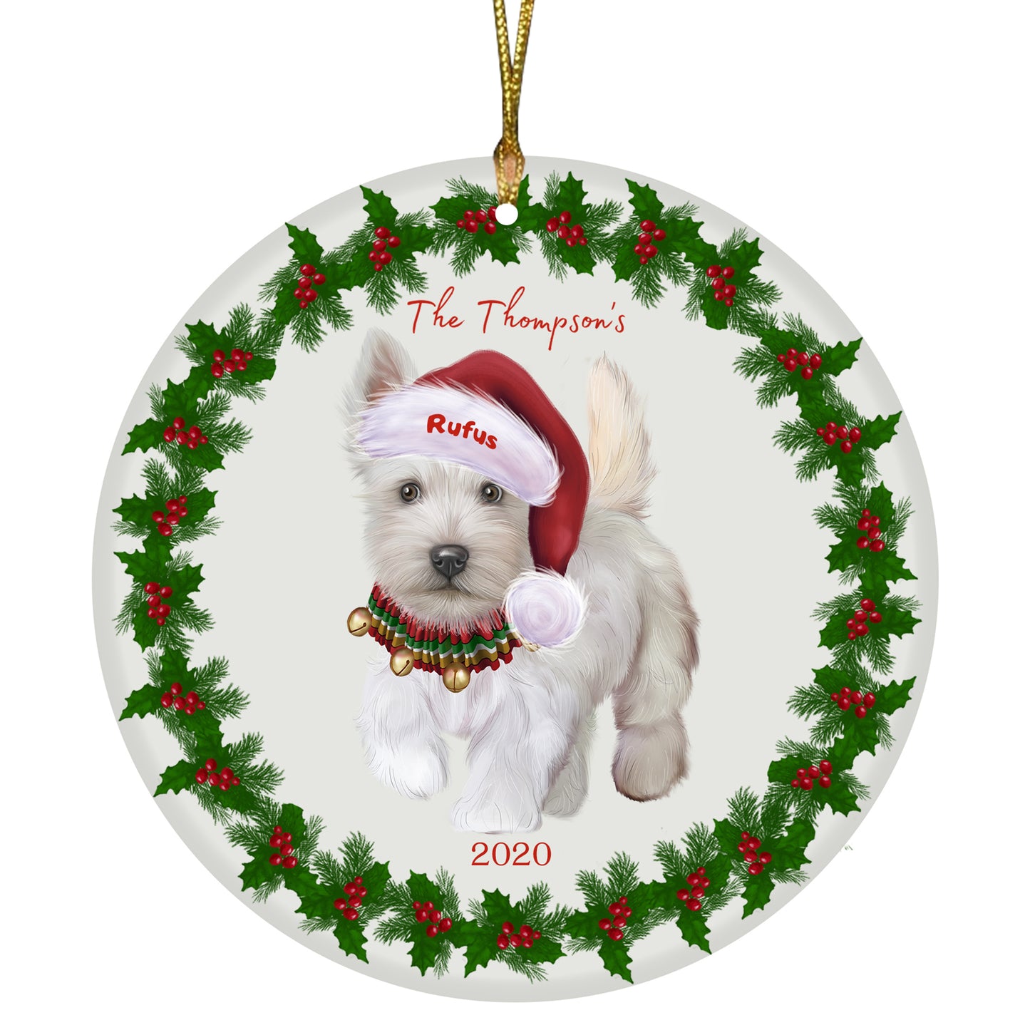 Personalized Holly Berry Trimming Scottish Terrier Dog Ceramic Round Flat Christmas Tree Ornament RFPOR48346