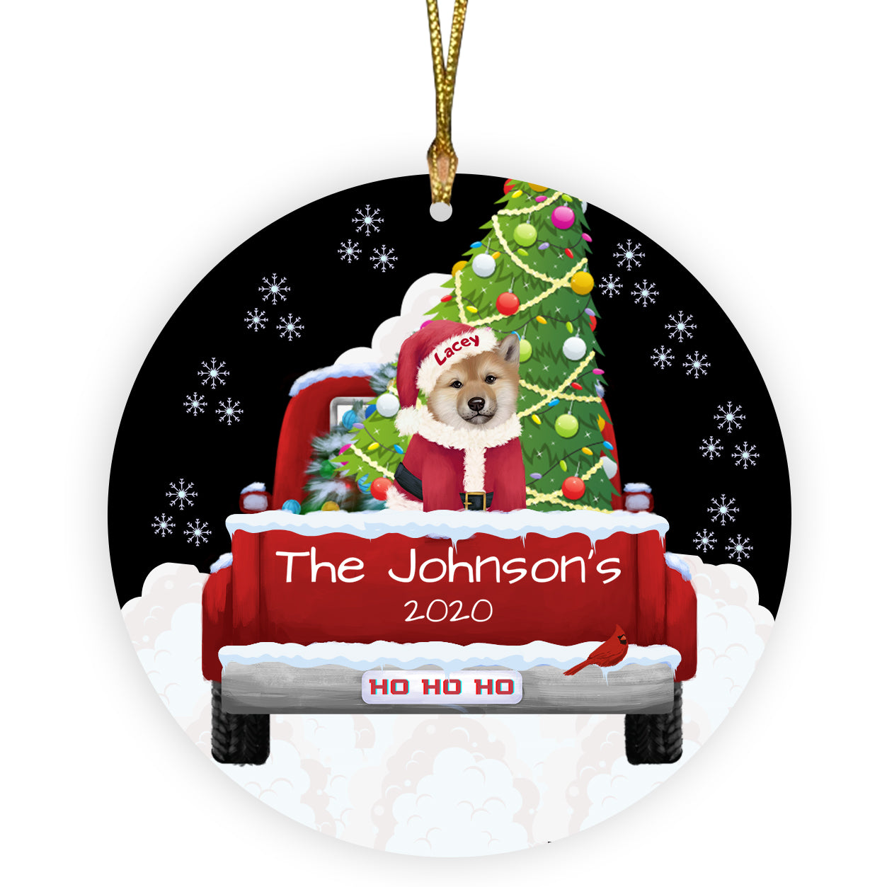 Personalized Travlin' Home for the Holidays Red Truck Shiba Inu Dogs Ceramic Round Flat Christmas Tree Ornament RFPOR48173