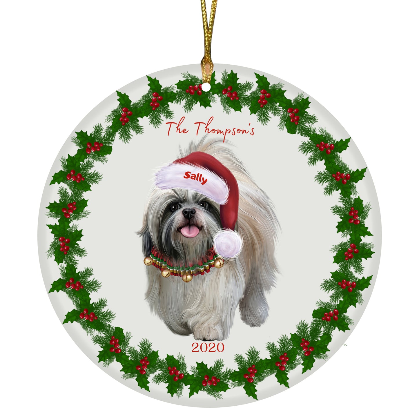 Personalized Holly Berry Trimming Shih Tzu Dog Ceramic Round Flat Christmas Tree Ornament RFPOR48353