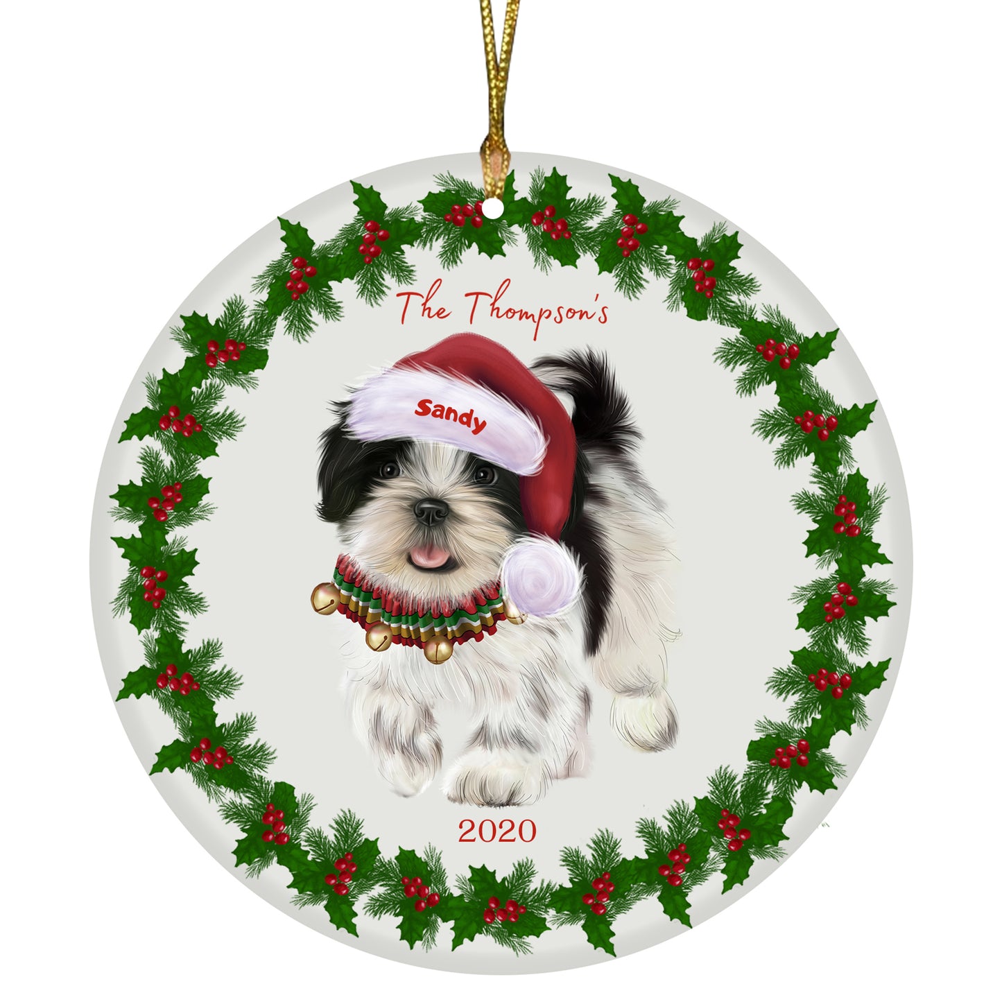 Personalized Holly Berry Trimming Shih Tzu Dog Ceramic Round Flat Christmas Tree Ornament RFPOR48355