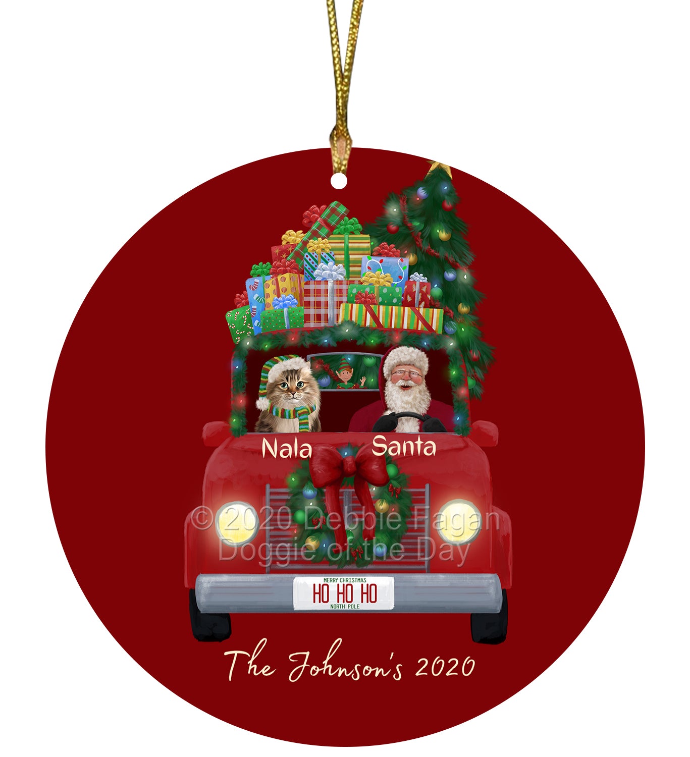 Personalized Red truck Santa with Siberian Cat Ceramic Round Flat Christmas Tree Ornament RFPOR48080