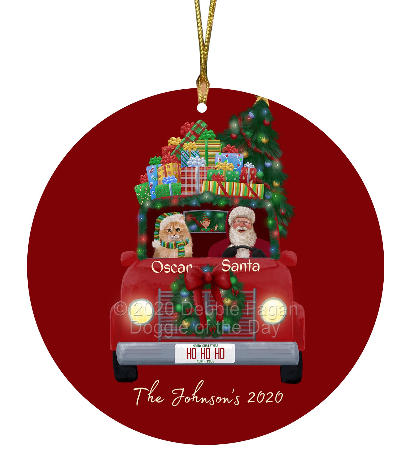 Personalized Red truck Santa with Siberian Cat Ceramic Round Flat Christmas Tree Ornament RFPOR48081