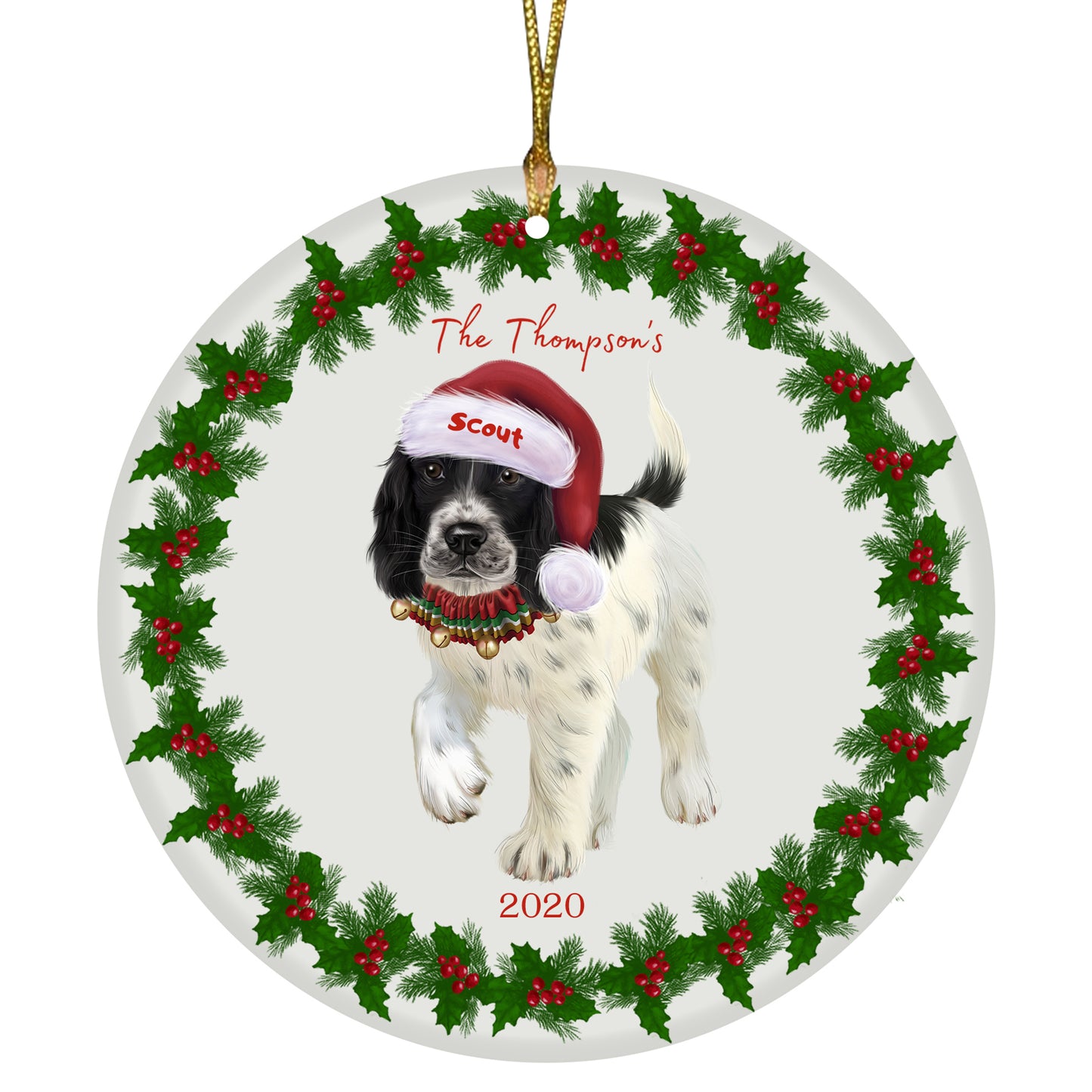 Personalized Holly Berry Trimming Springer Spaniel Dog Ceramic Round Flat Christmas Tree Ornament RFPOR48361