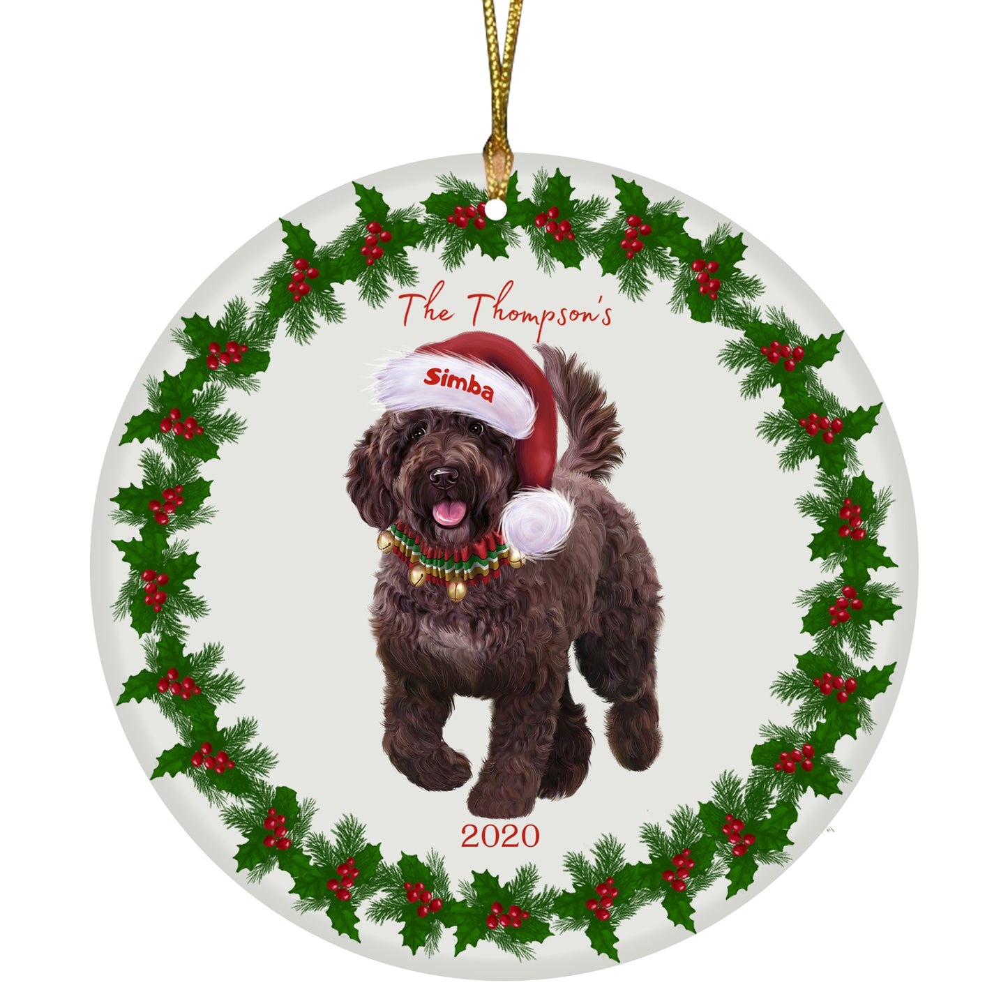 Personalized Holly Berry Trimming Spanish Water Dog Ceramic Round Flat Christmas Tree Ornament RFPOR48362
