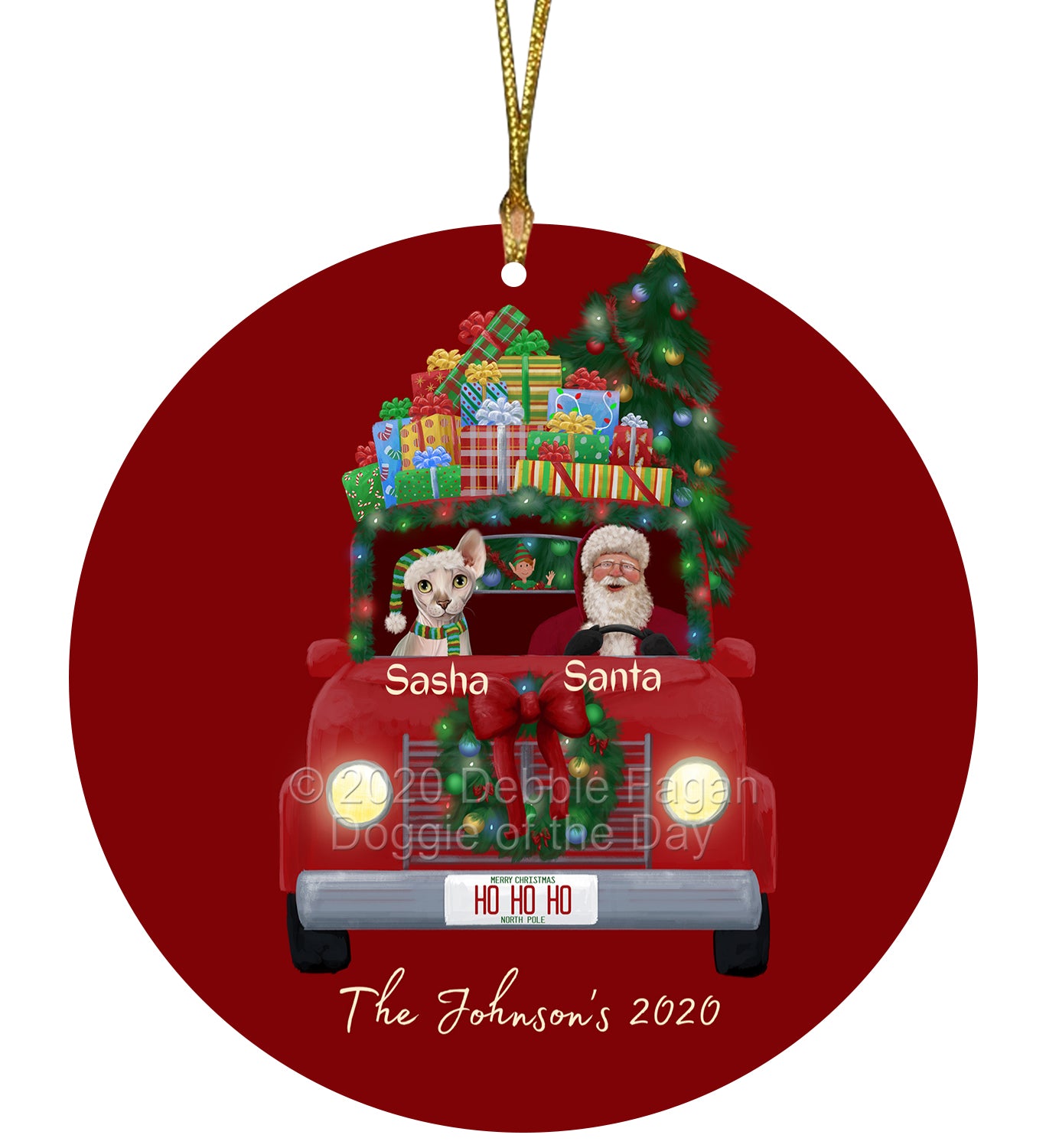 Personalized Red truck Santa with Sphynx Cat Ceramic Round Flat Christmas Tree Ornament RFPOR48082
