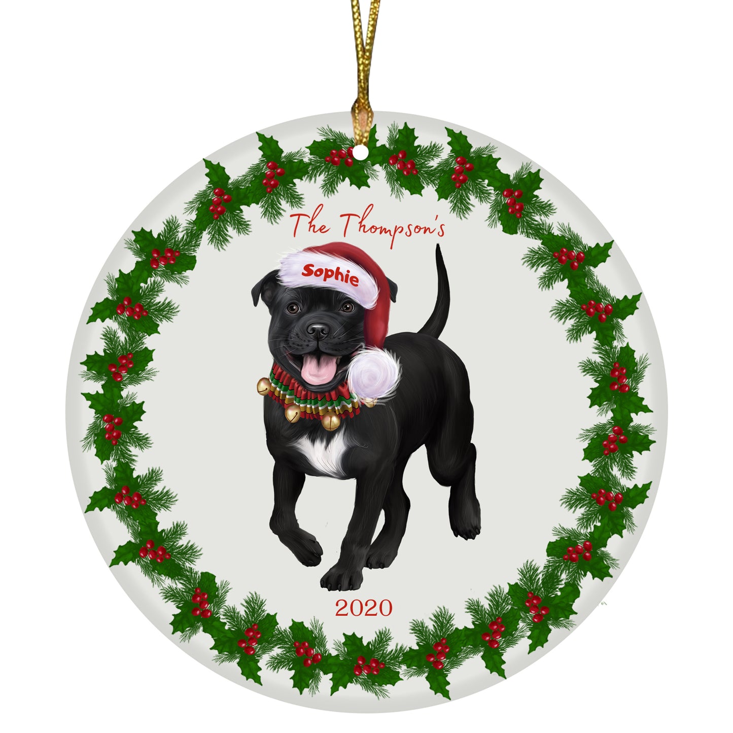 Personalized Holly Berry Trimming Staffordshire Bull Terrier Dog Ceramic Round Flat Christmas Tree Ornament RFPOR48367