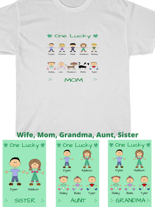 Personalized Dog Cat Pets One Lucky Grandma, Aunt, Mom, Wife or Sister Women's Cotton T-Shirt