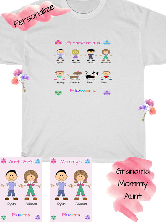 Personalized Dog Cat Pets Grandma, Aunt, Mom, Wife or Sister's Flowers Women's Cotton T-Shirt