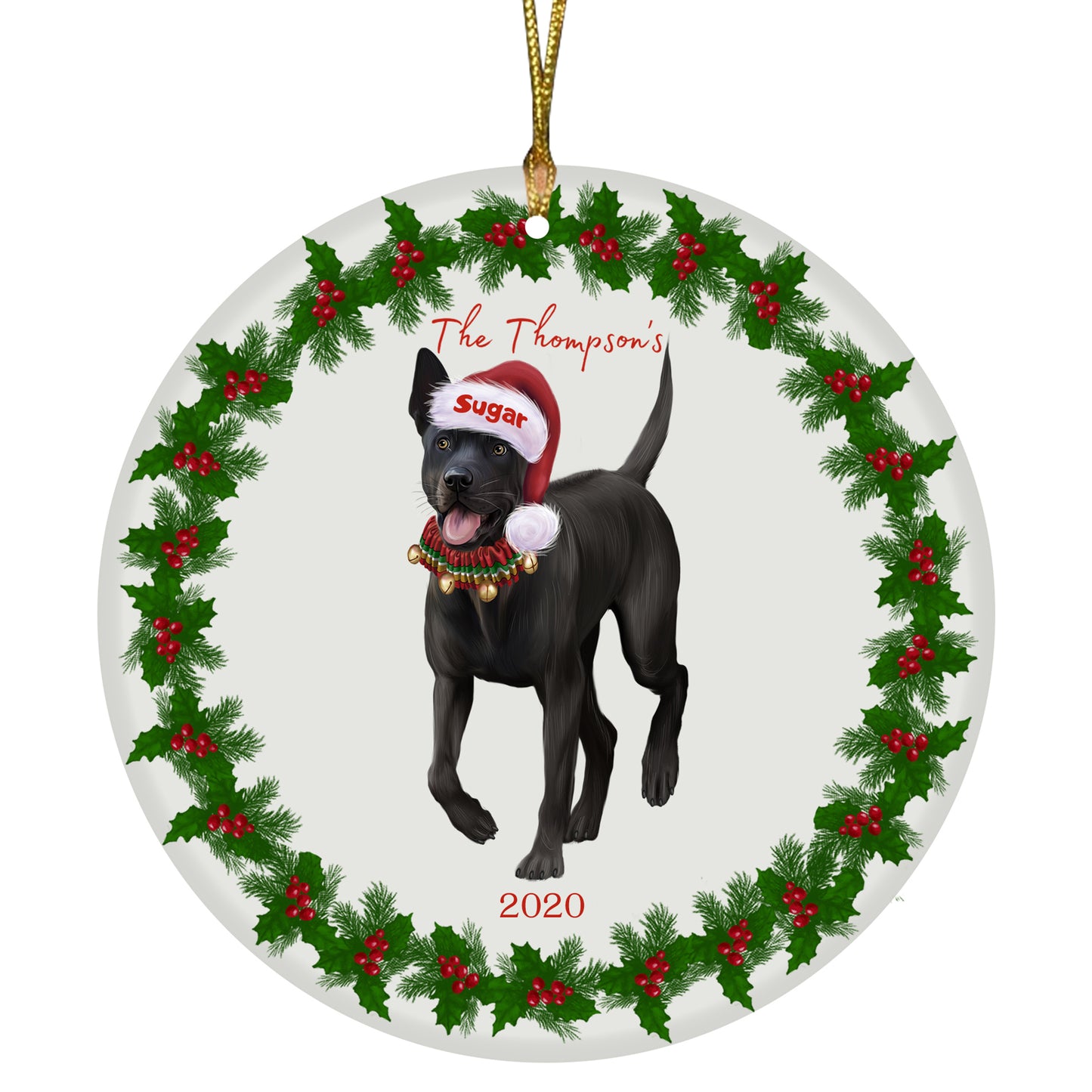 Personalized Holly Berry Trimming Thai Ridgeback Dog Ceramic Round Flat Christmas Tree Ornament RFPOR48371
