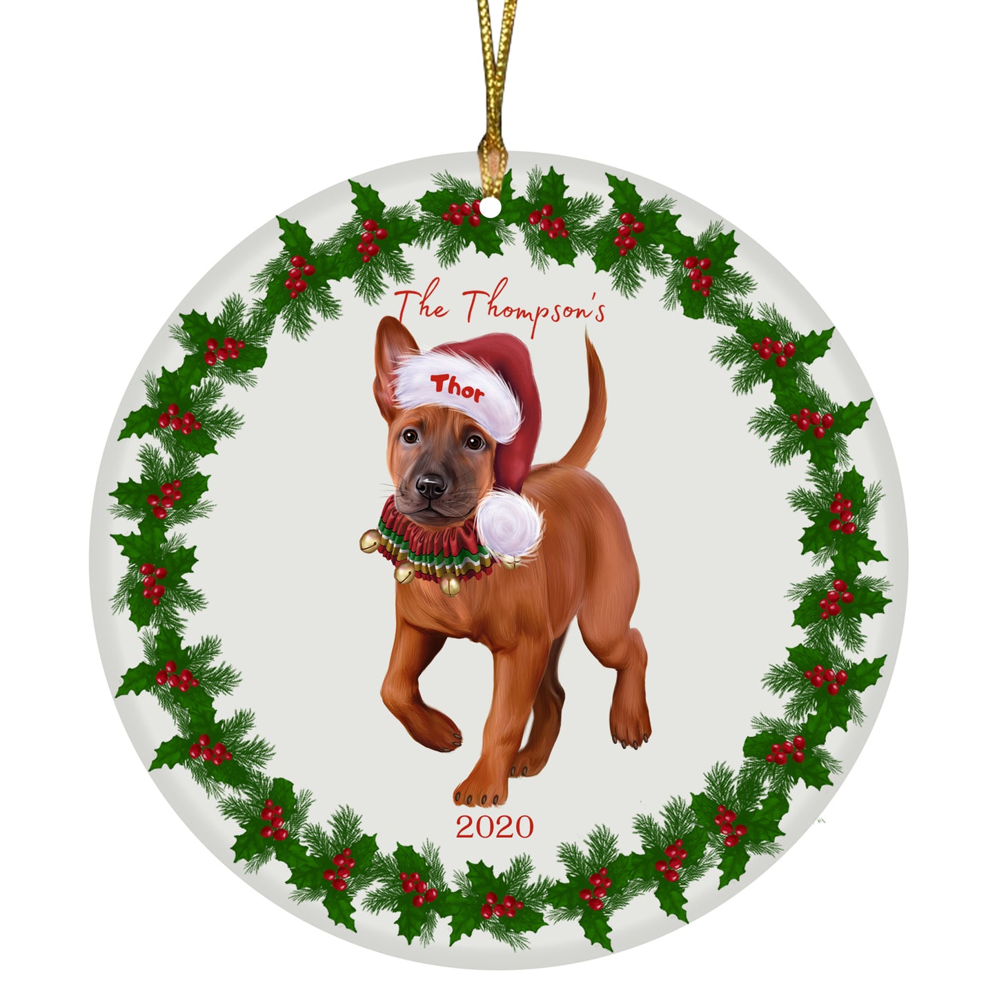 Personalized Holly Berry Trimming Thai Ridgeback Dog Ceramic Round Flat Christmas Tree Ornament RFPOR48372