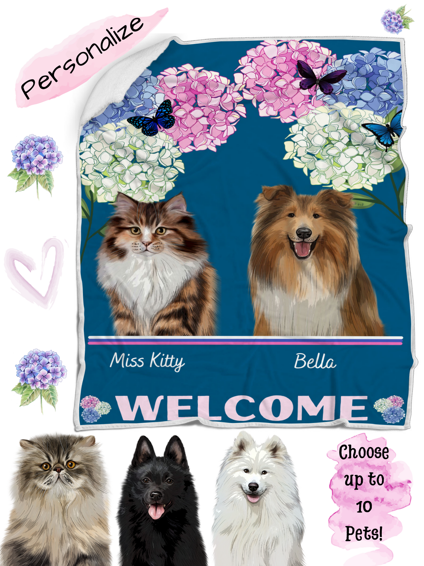 Personalized Hydrangea Floral Butterflies Dog Cat Pets Blanket 1-10 Pets