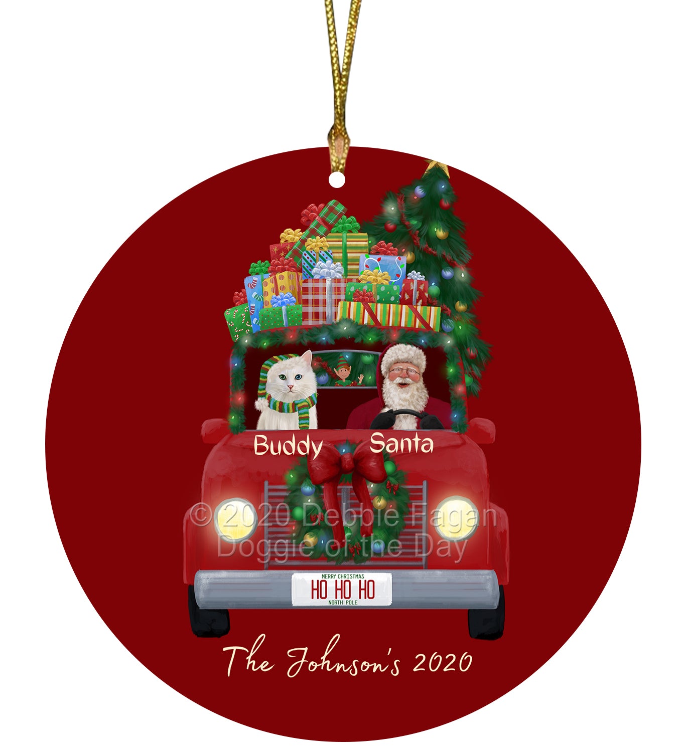 Personalized Red truck Santa with Turkish Angora Cat Ceramic Round Flat Christmas Tree Ornament RFPOR48089
