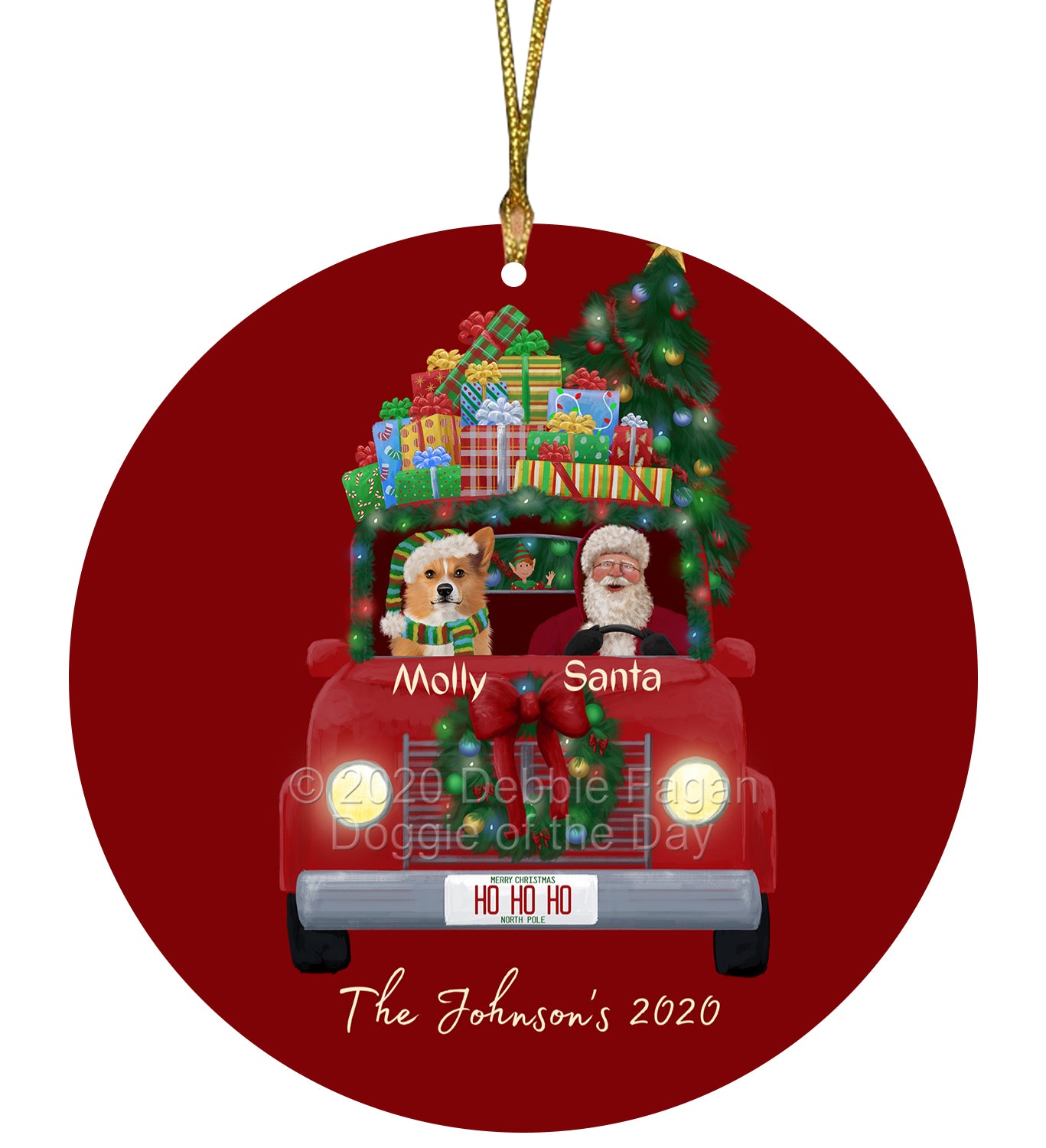 Personalized Red truck Santa with Welsh Corgi Dog Ceramic Round Flat Christmas Tree Ornament RFPOR48092