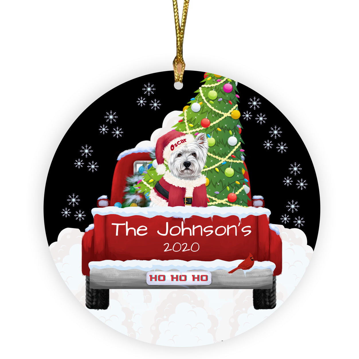 Personalized Travlin' Home for the Holidays Red Truck West Highland Terrier Dogs Ceramic Round Flat Christmas Tree Ornament RFPOR48185