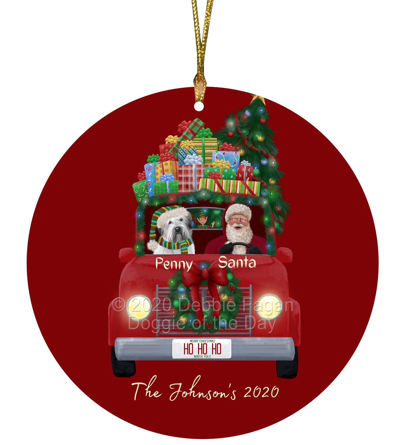 Personalized Red truck Santa with Wheaten Terrier Dog Ceramic Round Flat Christmas Tree Ornament RFPOR48095