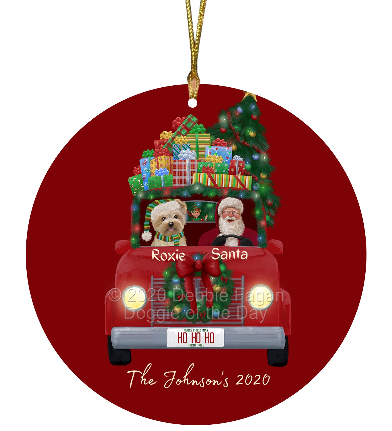 Personalized Red truck Santa with Yorkipoo Dog Ceramic Round Flat Christmas Tree Ornament RFPOR48097