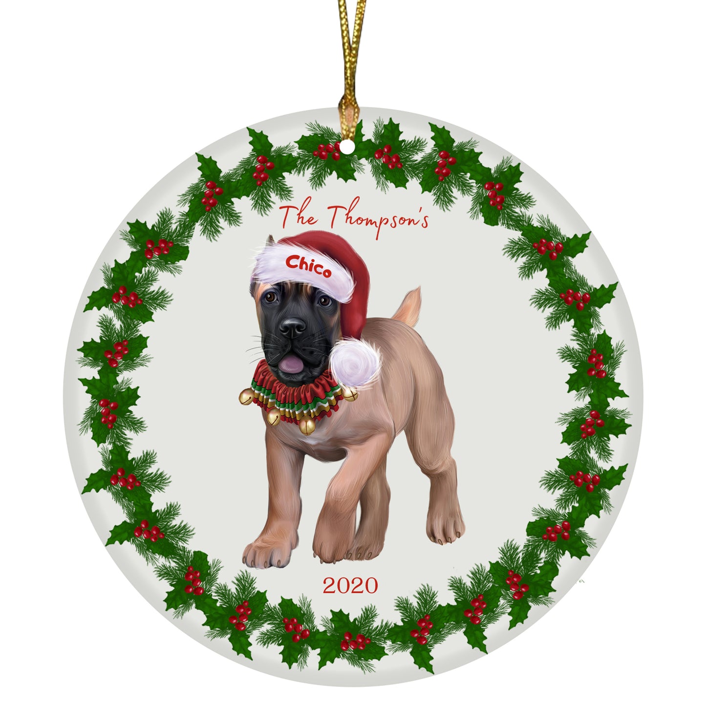 Personalized Holly Berry Trimming Cane Corso Dog Ceramic Round Flat Christmas Tree Ornament RFPOR48245