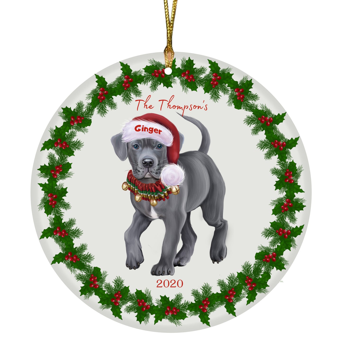 Personalized Holly Berry Trimming Cane Corso Dog Ceramic Round Flat Christmas Tree Ornament RFPOR48246