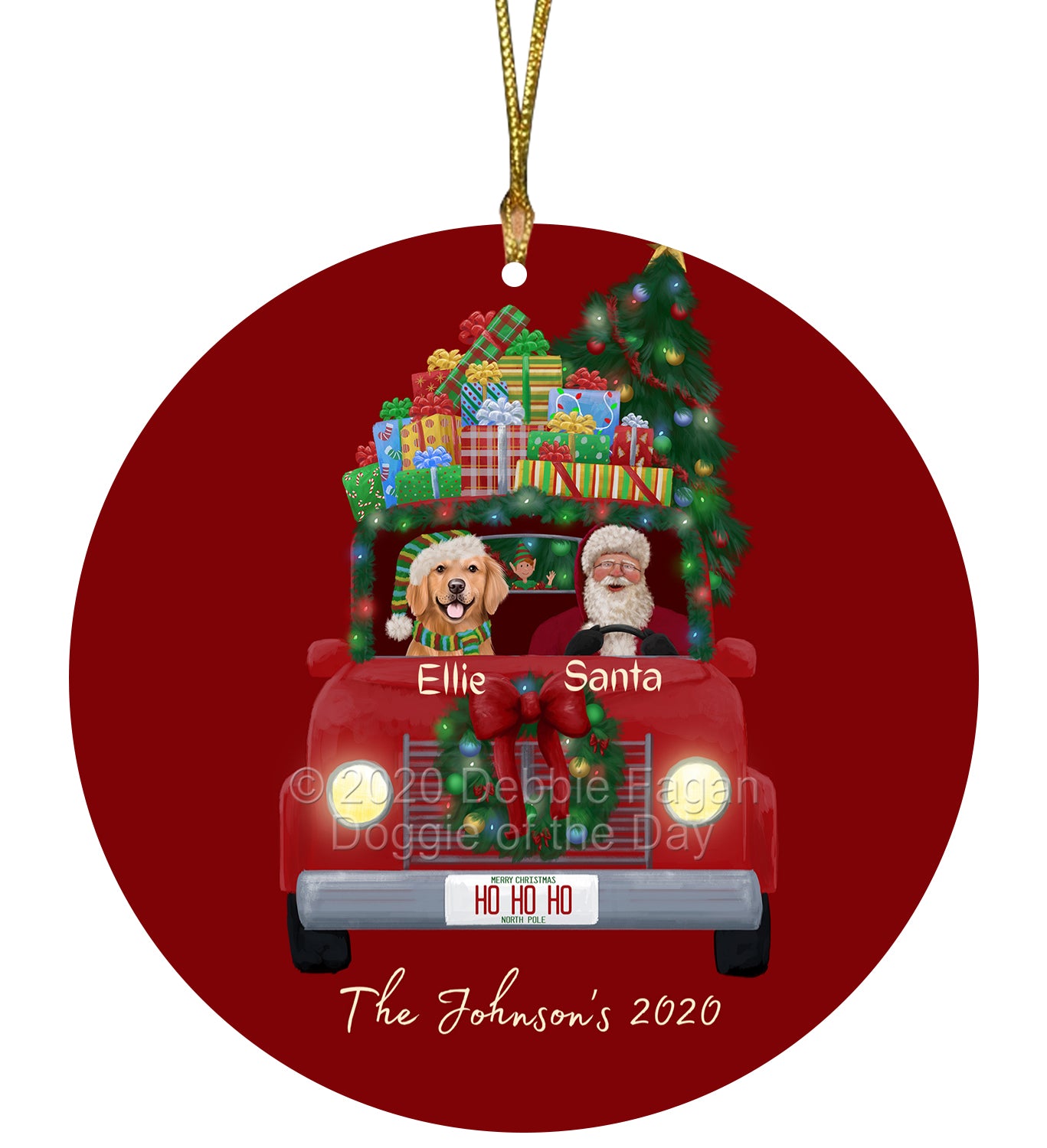 Personalized Red truck Santa with Golden Retriever Dog Ceramic Round Flat Christmas Tree Ornament RFPOR48040