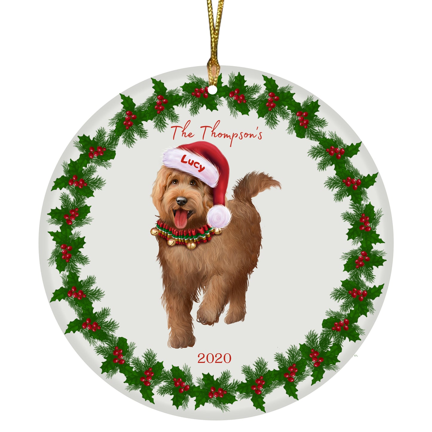 Personalized Holly Berry Trimming Goldendoodle Dog Ceramic Round Flat Christmas Tree Ornament RFPOR48290