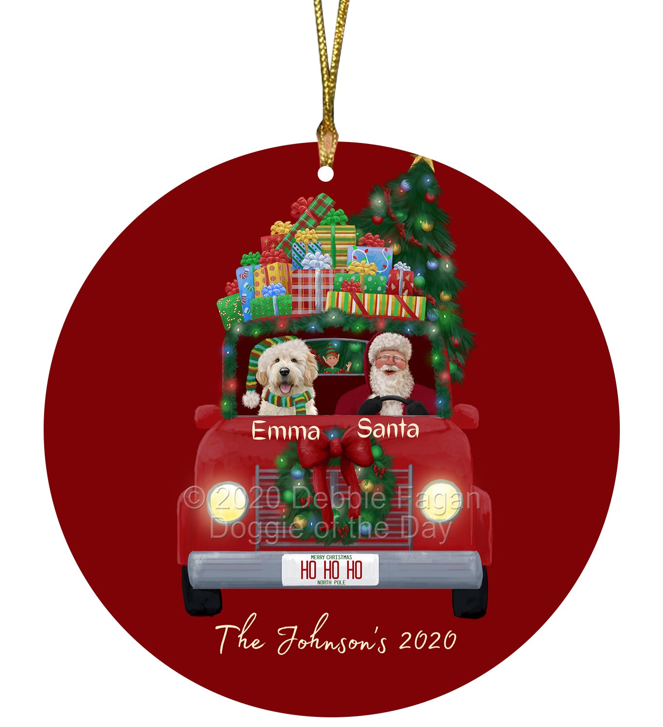 Personalized Red truck Santa with Goldendoodle Dog Ceramic Round Flat Christmas Tree Ornament RFPOR48042