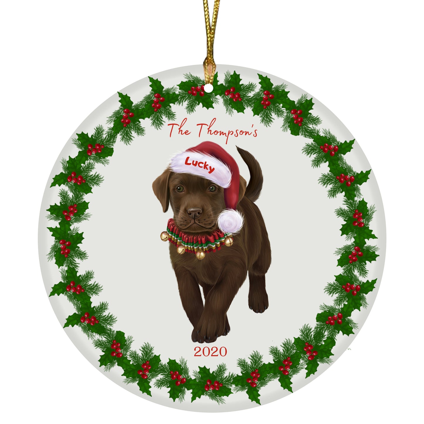 Personalized Holly Berry Trimming Labrador Retriever Dog Ceramic Round Flat Christmas Tree Ornament RFPOR48301