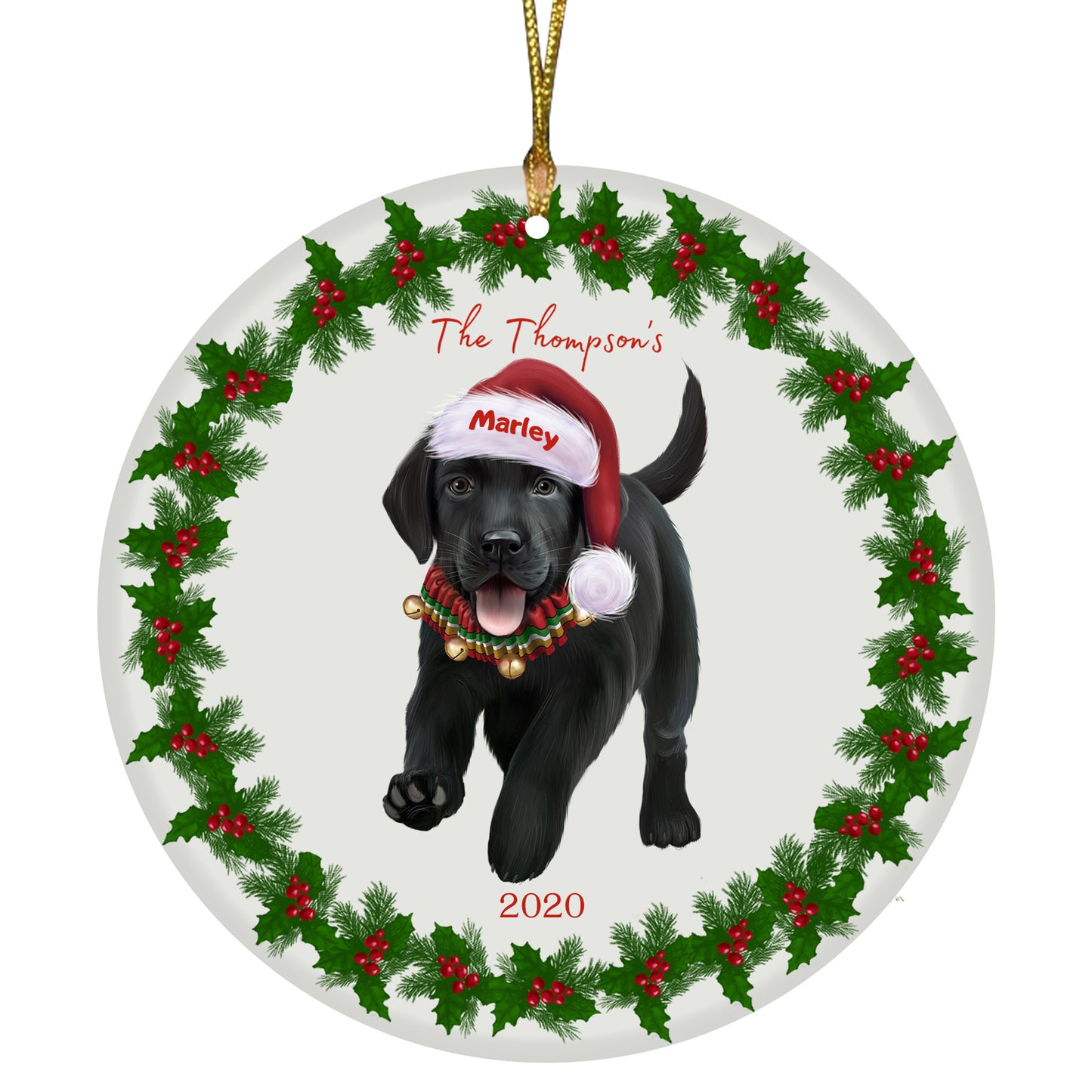 Personalized Holly Berry Trimming Labrador Retriever Dog Ceramic Round Flat Christmas Tree Ornament RFPOR48302