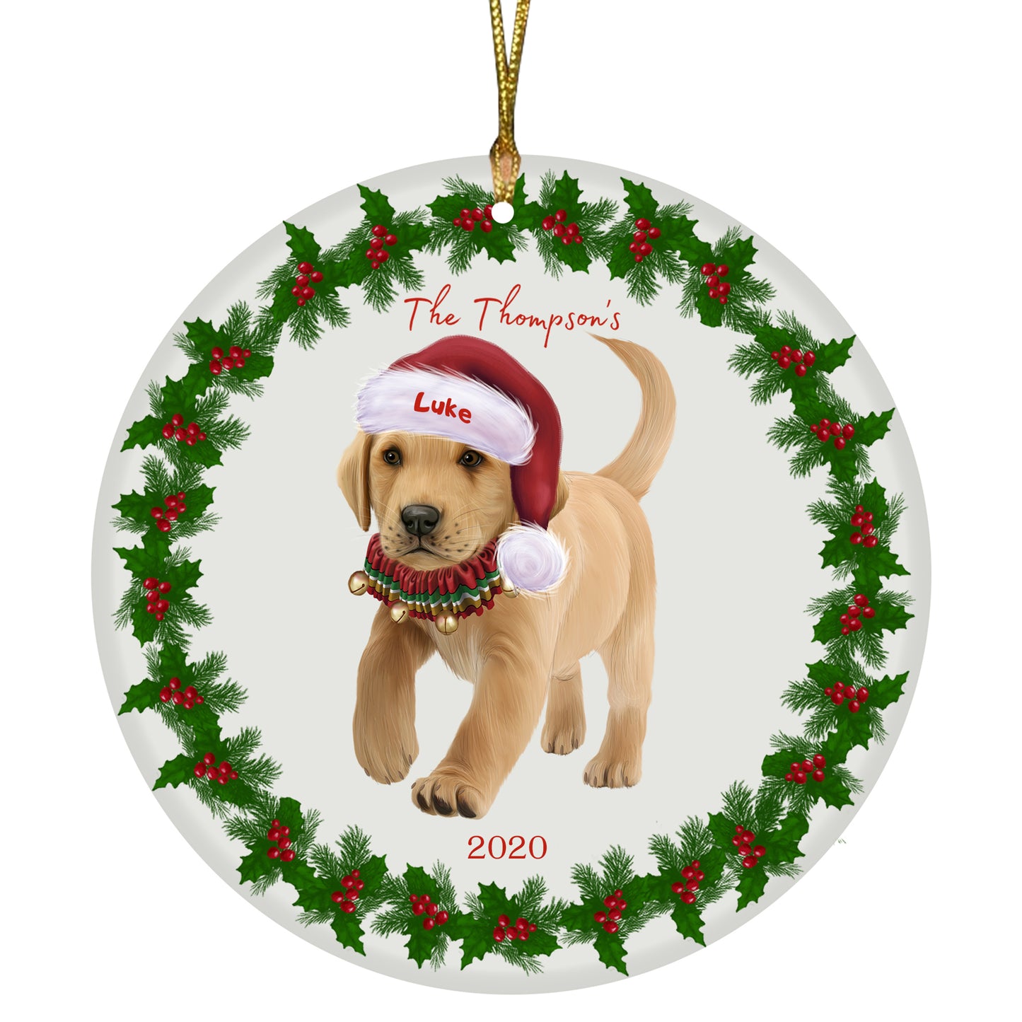 Personalized Holly Berry Trimming Labrador Retriever Dog Ceramic Round Flat Christmas Tree Ornament RFPOR48303