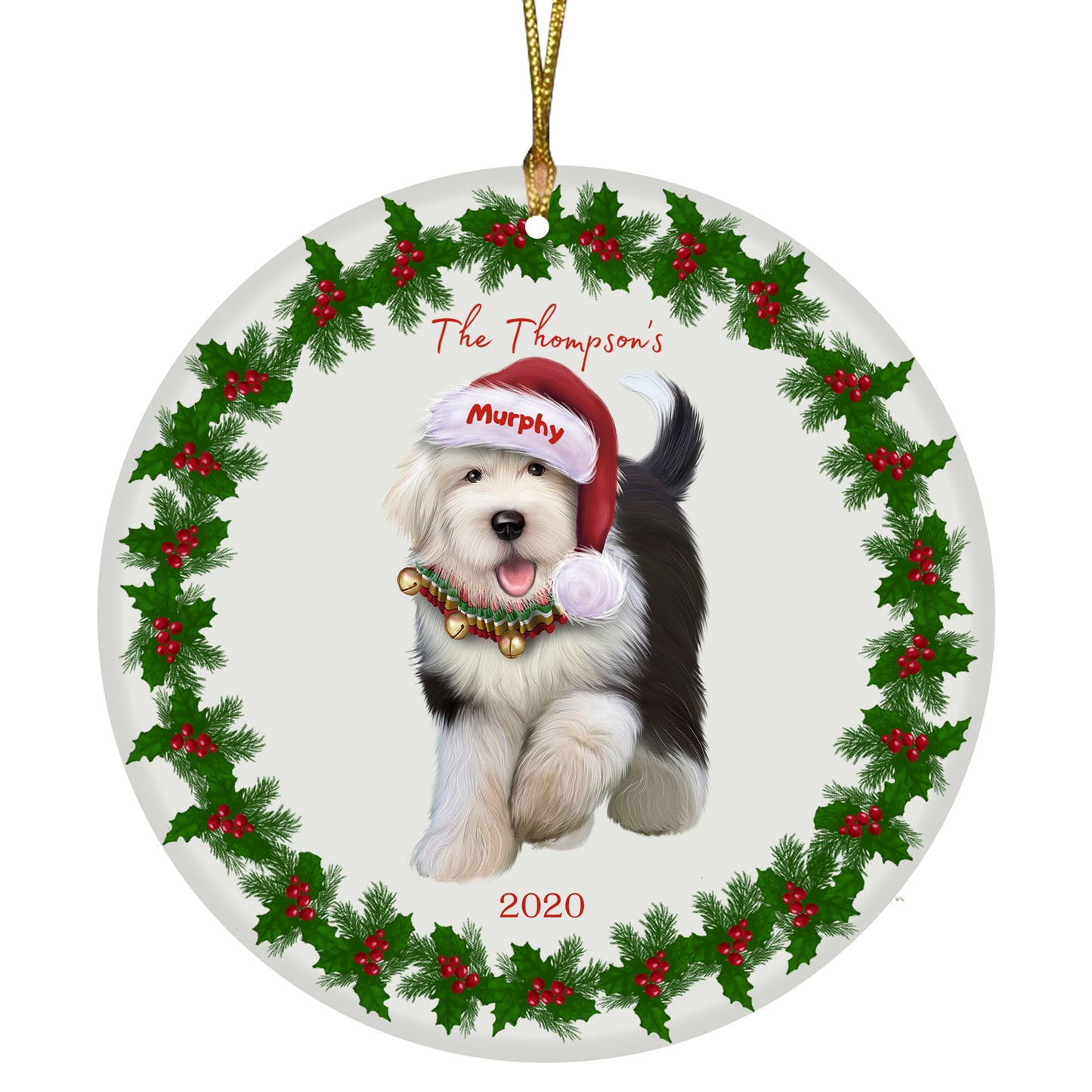 Personalized Holly Berry Trimming Old English Sheepdog Ceramic Round Flat Christmas Tree Ornament RFPOR48316