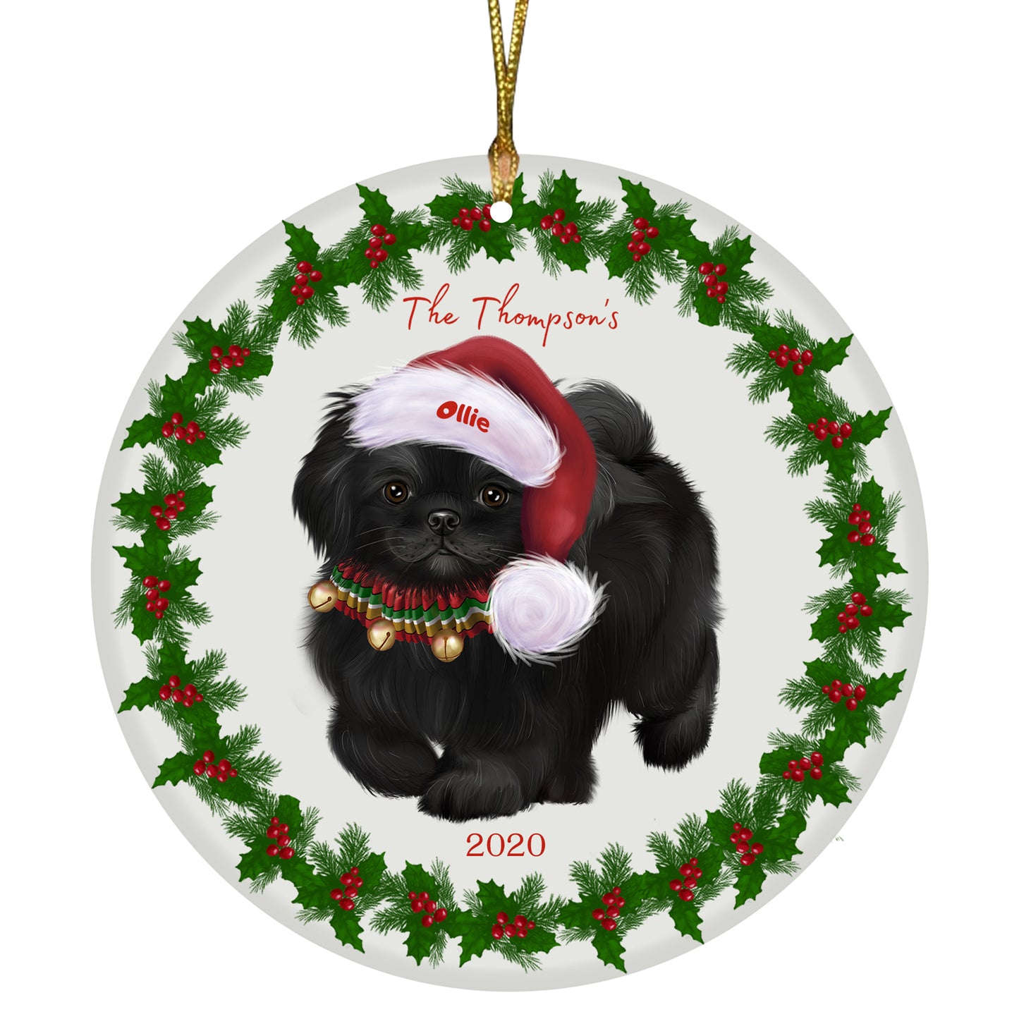 Personalized Holly Berry Trimming Pekingese Dog Ceramic Round Flat Christmas Tree Ornament RFPOR48320