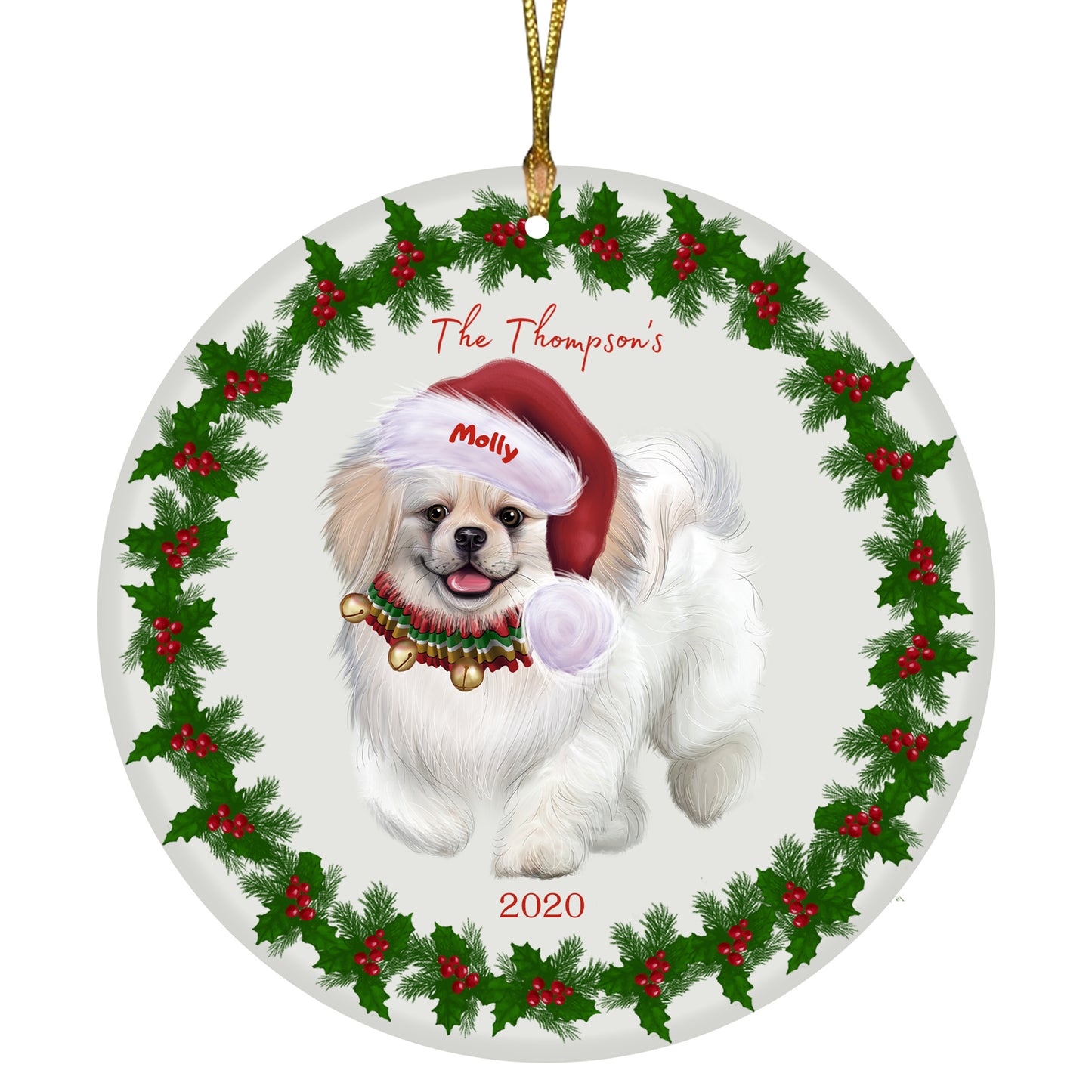 Personalized Holly Berry Trimming Pekingese Dog Ceramic Round Flat Christmas Tree Ornament RFPOR48321