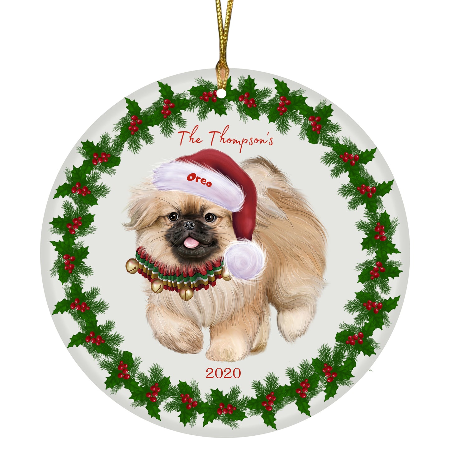 Personalized Holly Berry Trimming Pekingese Dog Ceramic Round Flat Christmas Tree Ornament RFPOR48322