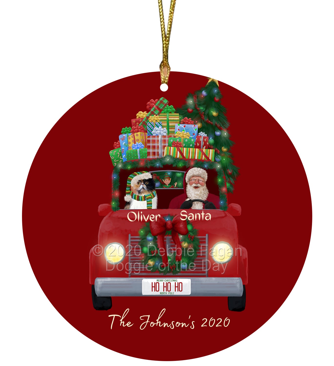 Personalized Red truck Santa with Persian Cat Ceramic Round Flat Christmas Tree Ornament RFPOR48059