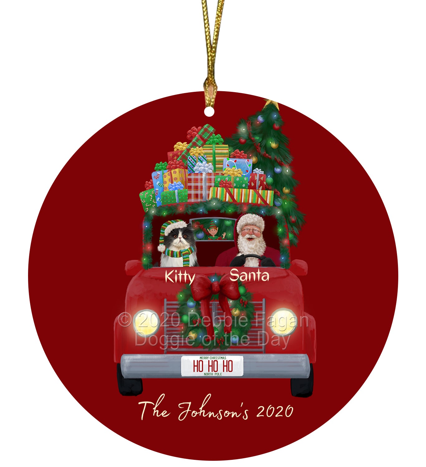 Personalized Red truck Santa with Persian Cat Ceramic Round Flat Christmas Tree Ornament RFPOR48060
