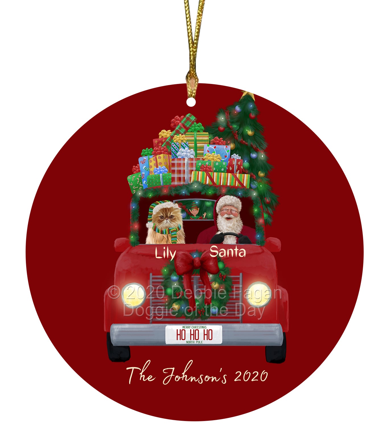 Personalized Red truck Santa with Persian Cat Ceramic Round Flat Christmas Tree Ornament RFPOR48062
